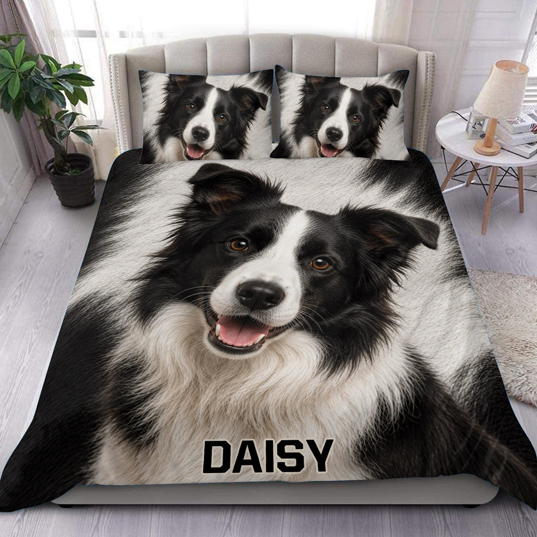Border Collie duvet cover set displayed on a bedroom bed with matching dog portrait pillowcases