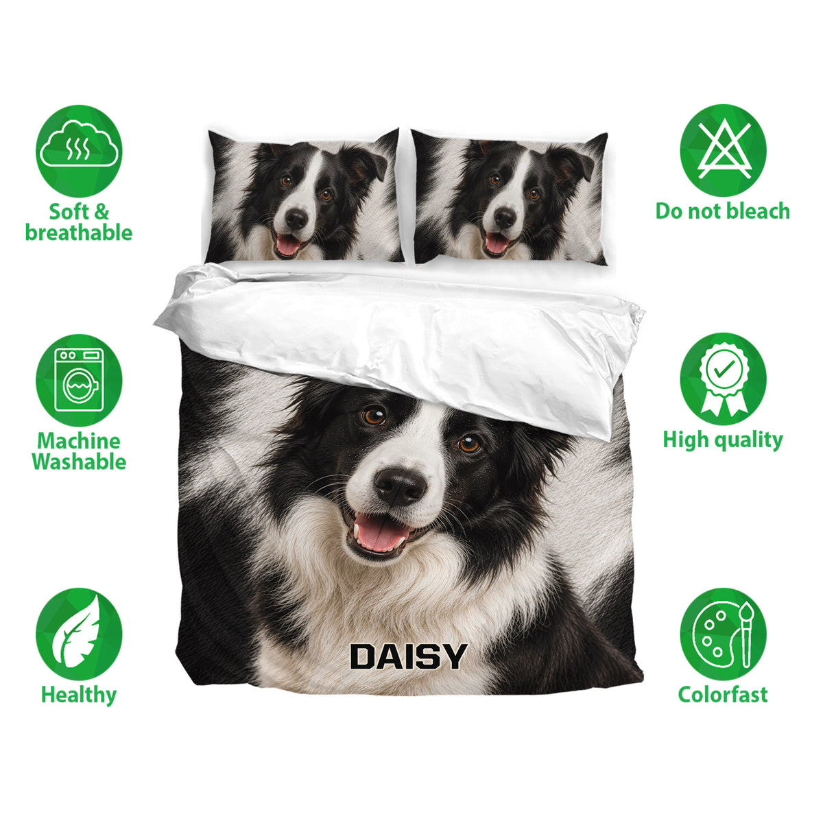Border Collie duvet cover bedding set shown with matching pillowcases and soft breathable fabric details