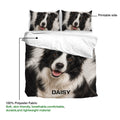 Border Collie duvet cover set showing the printed side, matching pillowcases, and lightweight polyester fabric