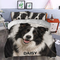Border Collie duvet cover bedding set styled in a modern bedroom with a large black and white dog portrait