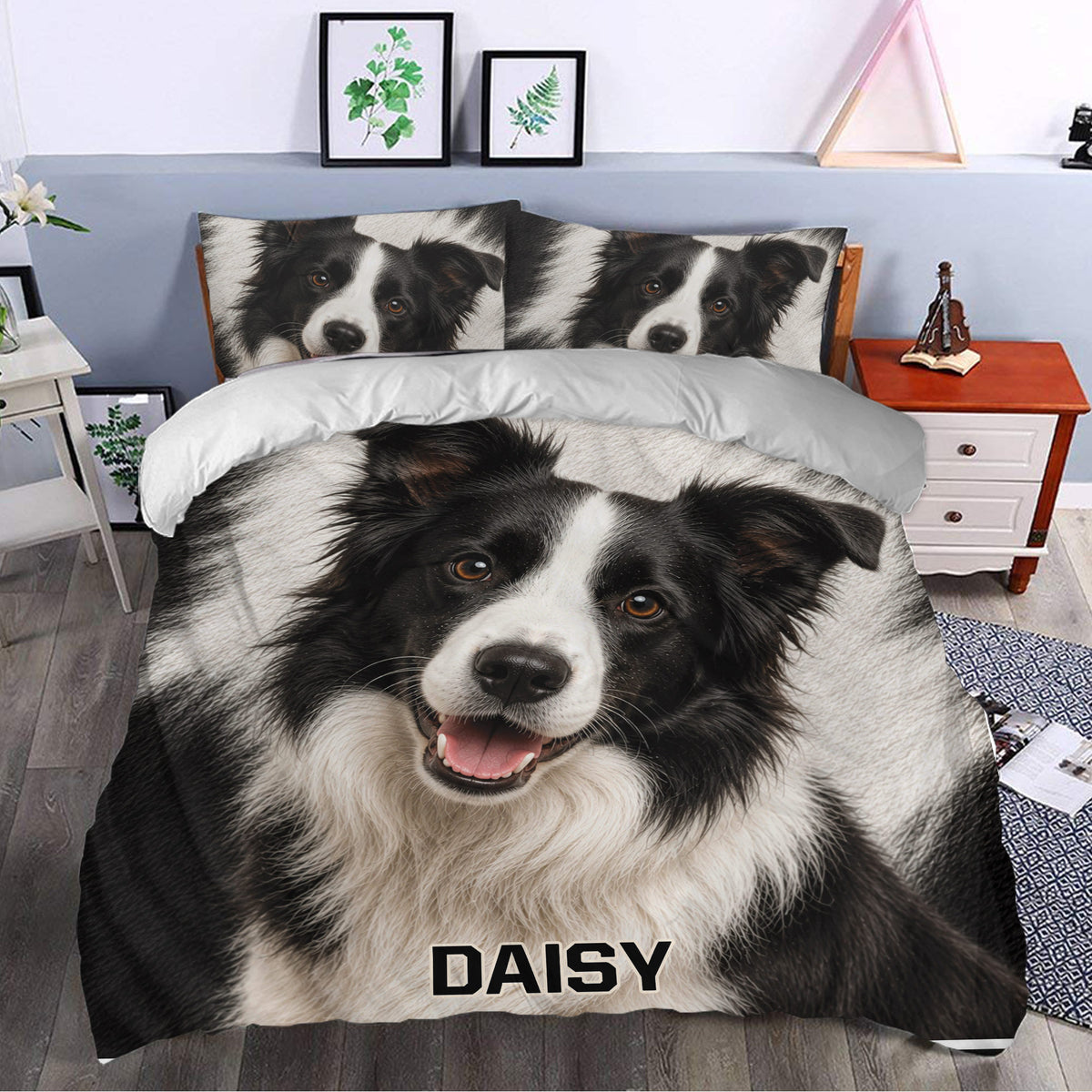 Border Collie duvet cover bedding set styled in a modern bedroom with a large black and white dog portrait