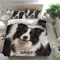 Border Collie bedding set displayed in a bright bedroom with matching dog portrait pillowcases