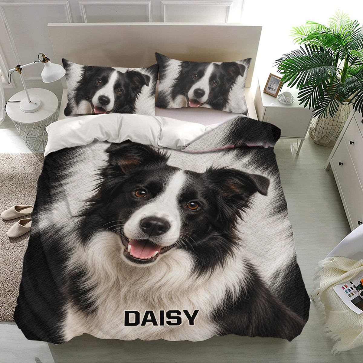 Border Collie bedding set displayed in a bright bedroom with matching dog portrait pillowcases