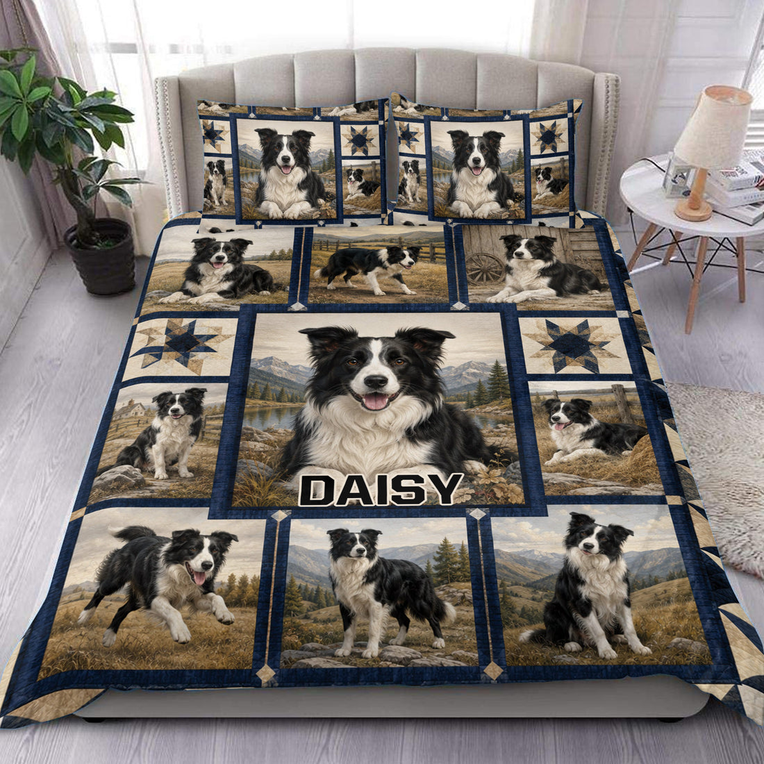 Border Collie duvet cover set displayed on a bed with scenic portraits, mountain views, and navy patchwork borders