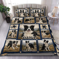 Border Collie duvet cover set displayed on a bed with scenic portraits, mountain views, and navy patchwork borders