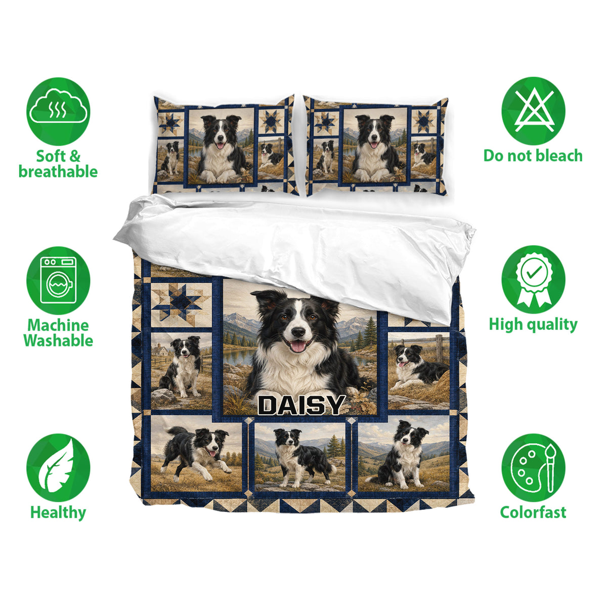 Border Collie bedding set shown with matching pillowcases, scenic dog artwork, and soft breathable fabric icons