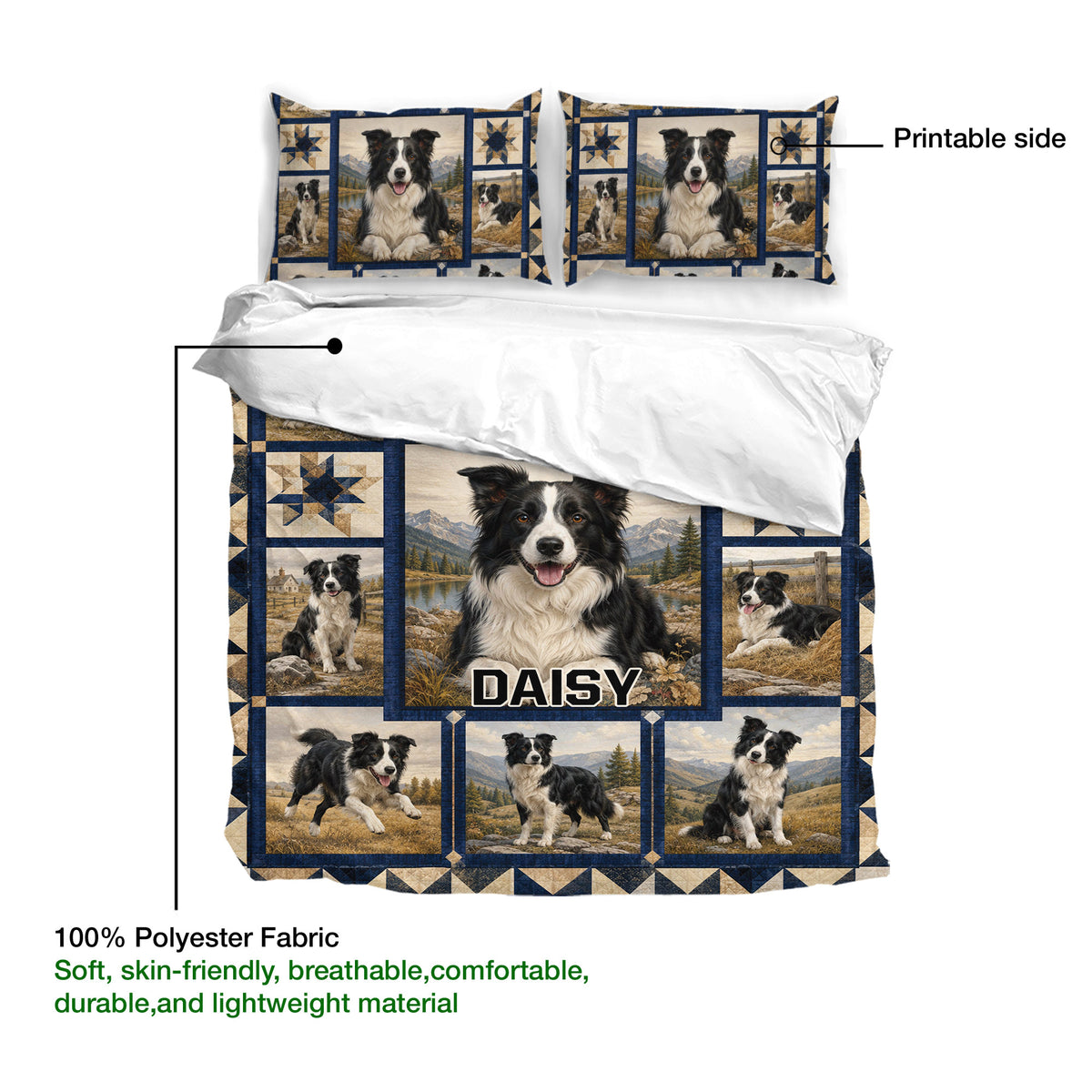 Border Collie duvet cover bedding set showing the printed side, scenic artwork, and lightweight polyester fabric