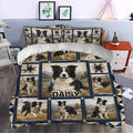 Border Collie duvet cover set styled in a bedroom with mountain scenery, navy borders, and multiple dog portraits
