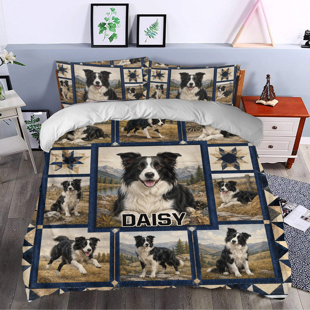 Border Collie duvet cover set styled in a bedroom with mountain scenery, navy borders, and multiple dog portraits
