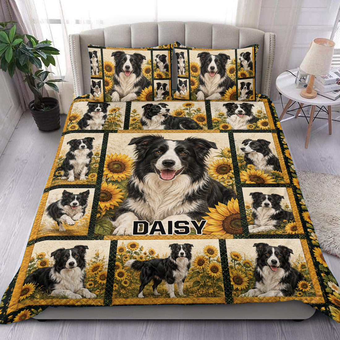 Border Collie duvet cover set with sunflower collage artwork styled on a modern bedroom bed