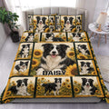 Border Collie duvet cover set with sunflower collage artwork styled on a modern bedroom bed
