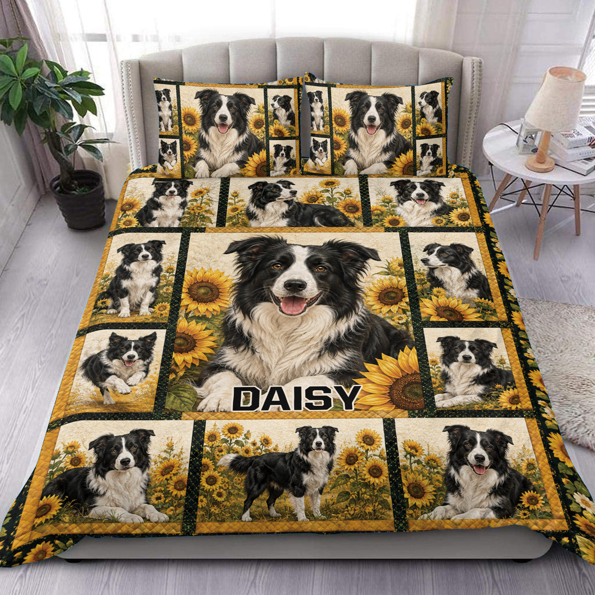 Border Collie duvet cover set with sunflower collage artwork styled on a modern bedroom bed
