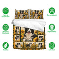 Border Collie bedding set with sunflower artwork shown with matching pillowcases and care icons