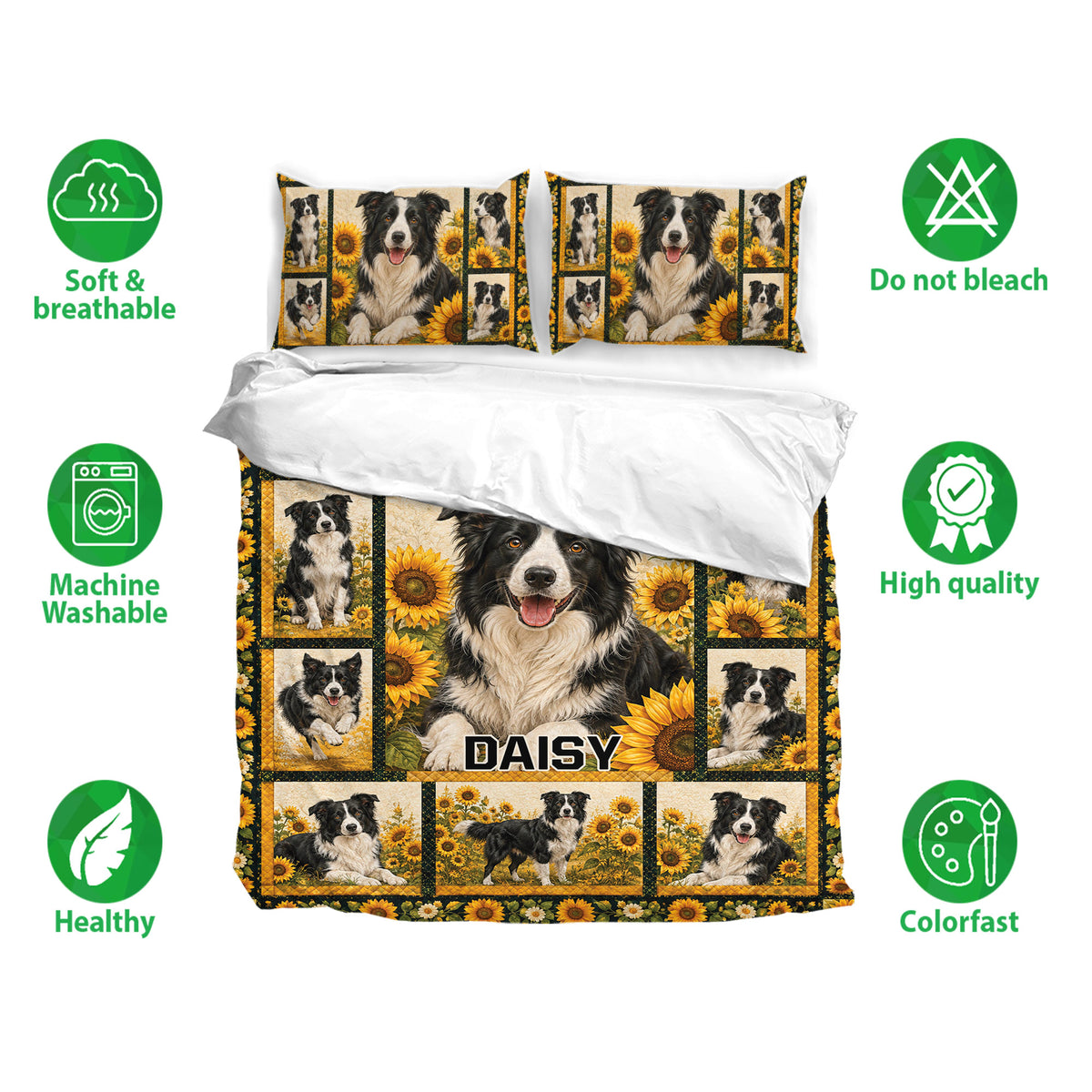Border Collie bedding set with sunflower artwork shown with matching pillowcases and care icons