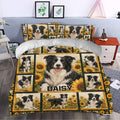 Border Collie duvet cover bedding set displayed in a bright bedroom with sunflower artwork