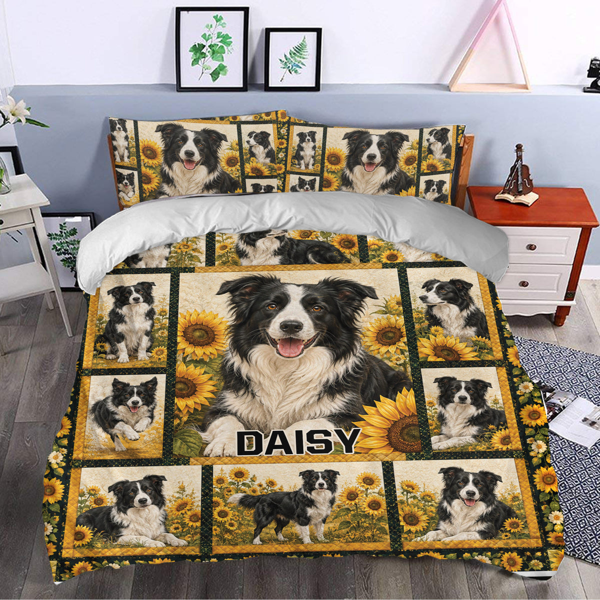 Border Collie duvet cover bedding set displayed in a bright bedroom with sunflower artwork