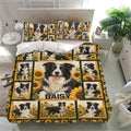 Border Collie bedding set with detailed dog portraits and sunflower panels styled in a bedroom
