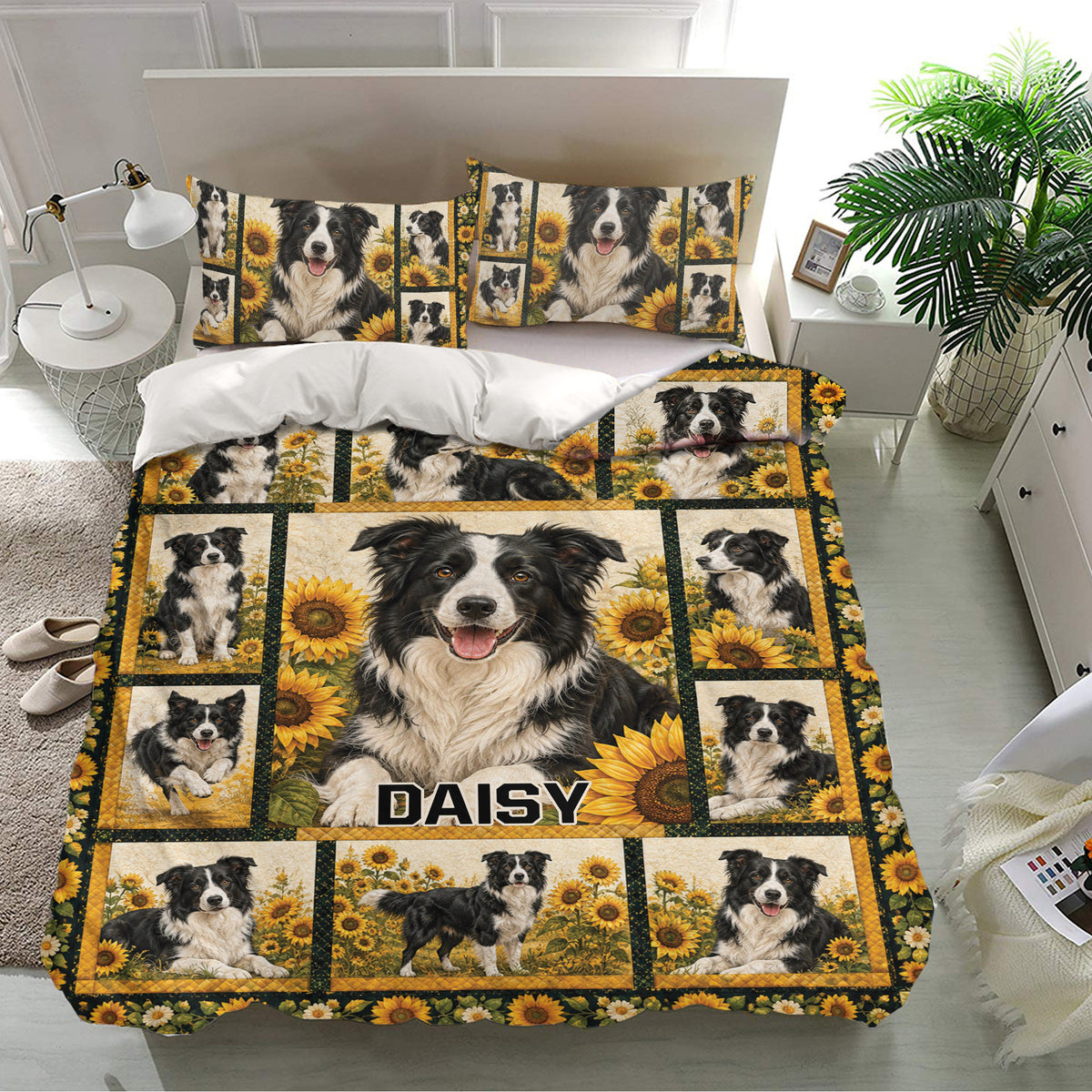 Border Collie bedding set with detailed dog portraits and sunflower panels styled in a bedroom