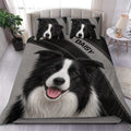 Border Collie duvet cover set displayed on a modern bed with black and gray stitched stripe artwork