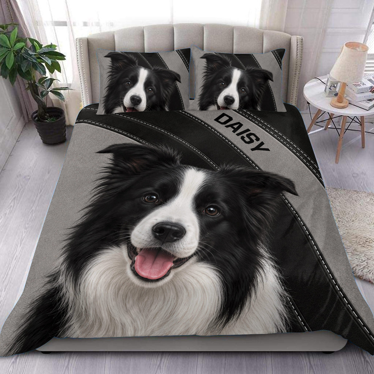 Border Collie duvet cover set displayed on a modern bed with black and gray stitched stripe artwork
