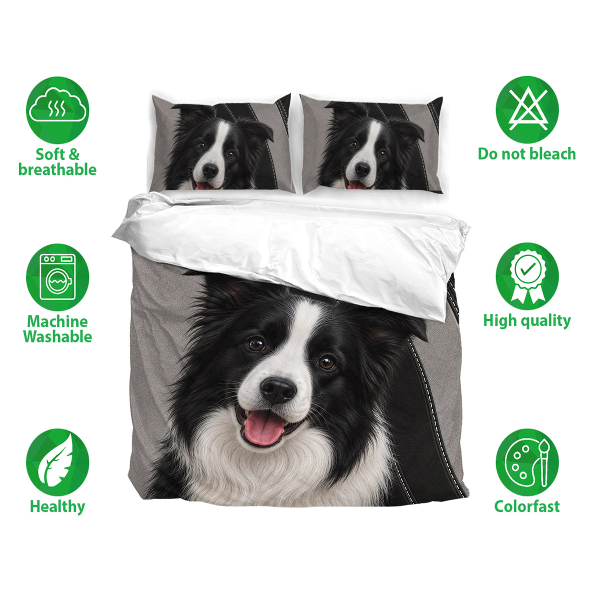 Border Collie bedding set shown with matching pillowcases and soft black and gray dog portrait design