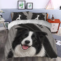 Border Collie duvet cover bedding set styled in a bedroom with a large black and white dog portrait