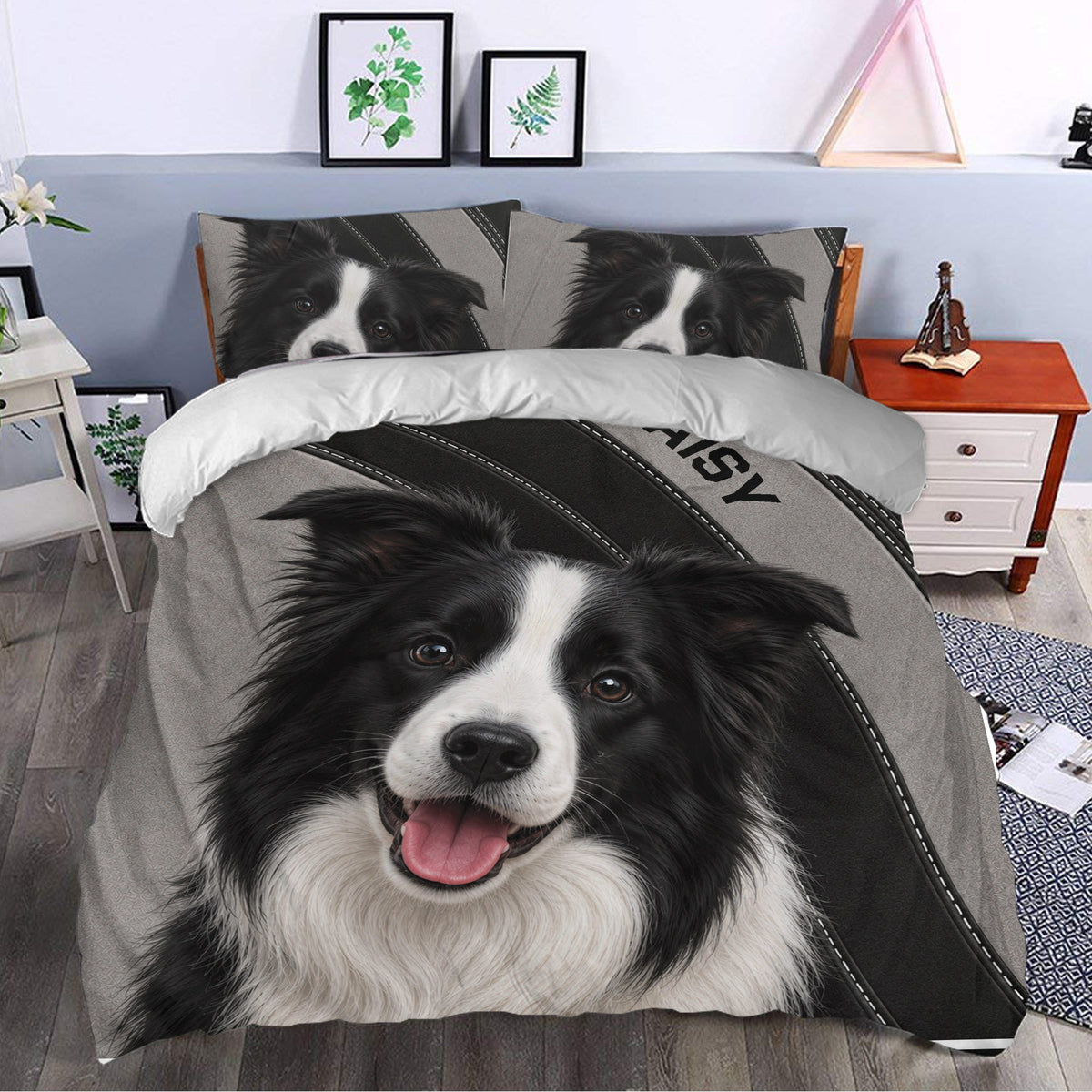 Border Collie duvet cover bedding set styled in a bedroom with a large black and white dog portrait