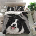 Border Collie bedding set displayed in a bright bedroom with matching dog portrait pillowcases