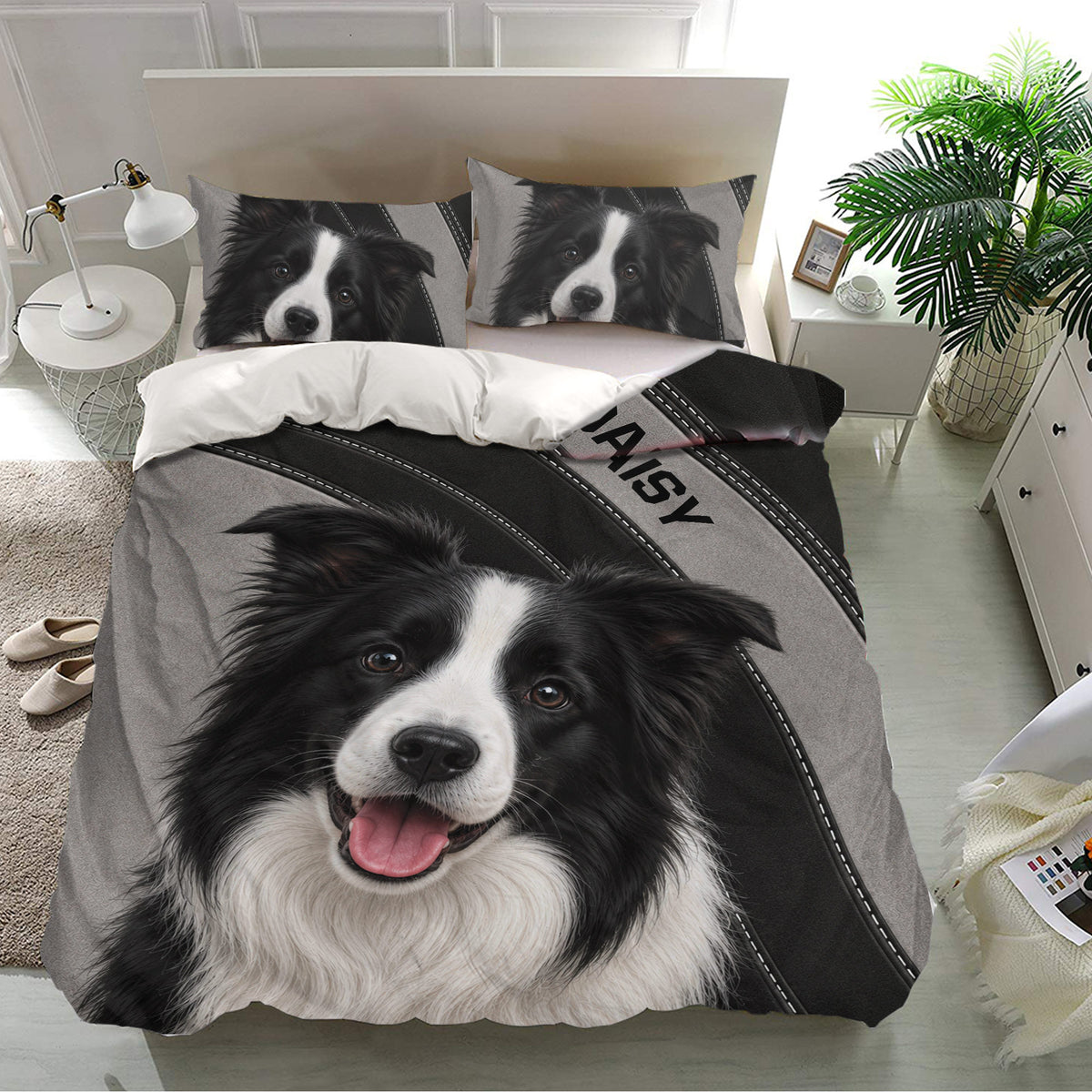 Border Collie bedding set displayed in a bright bedroom with matching dog portrait pillowcases