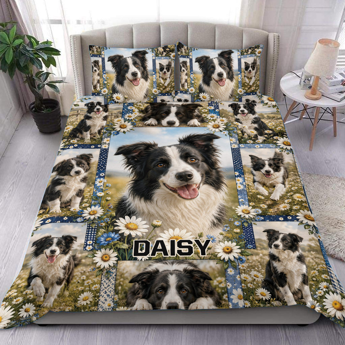 Border Collie duvet cover set displayed on a bed with blue floral borders and multiple dog portraits