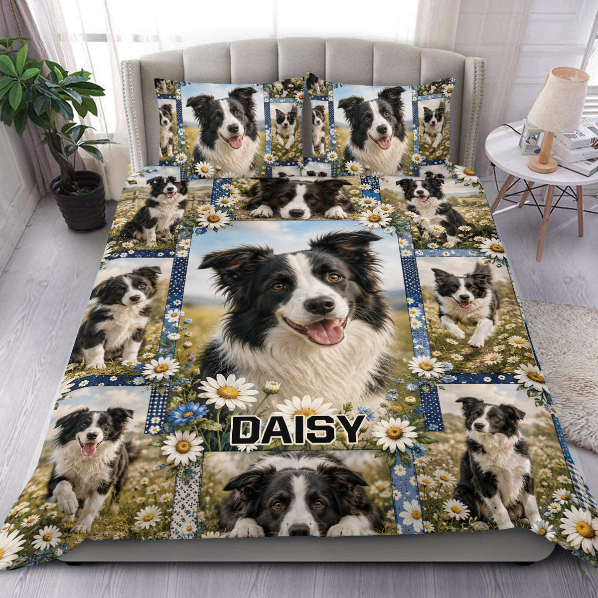 Border Collie duvet cover set displayed on a bed with blue floral borders and multiple dog portraits