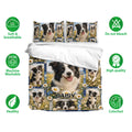 Border Collie bedding set with matching pillowcases, floral dog artwork, and soft breathable fabric icons