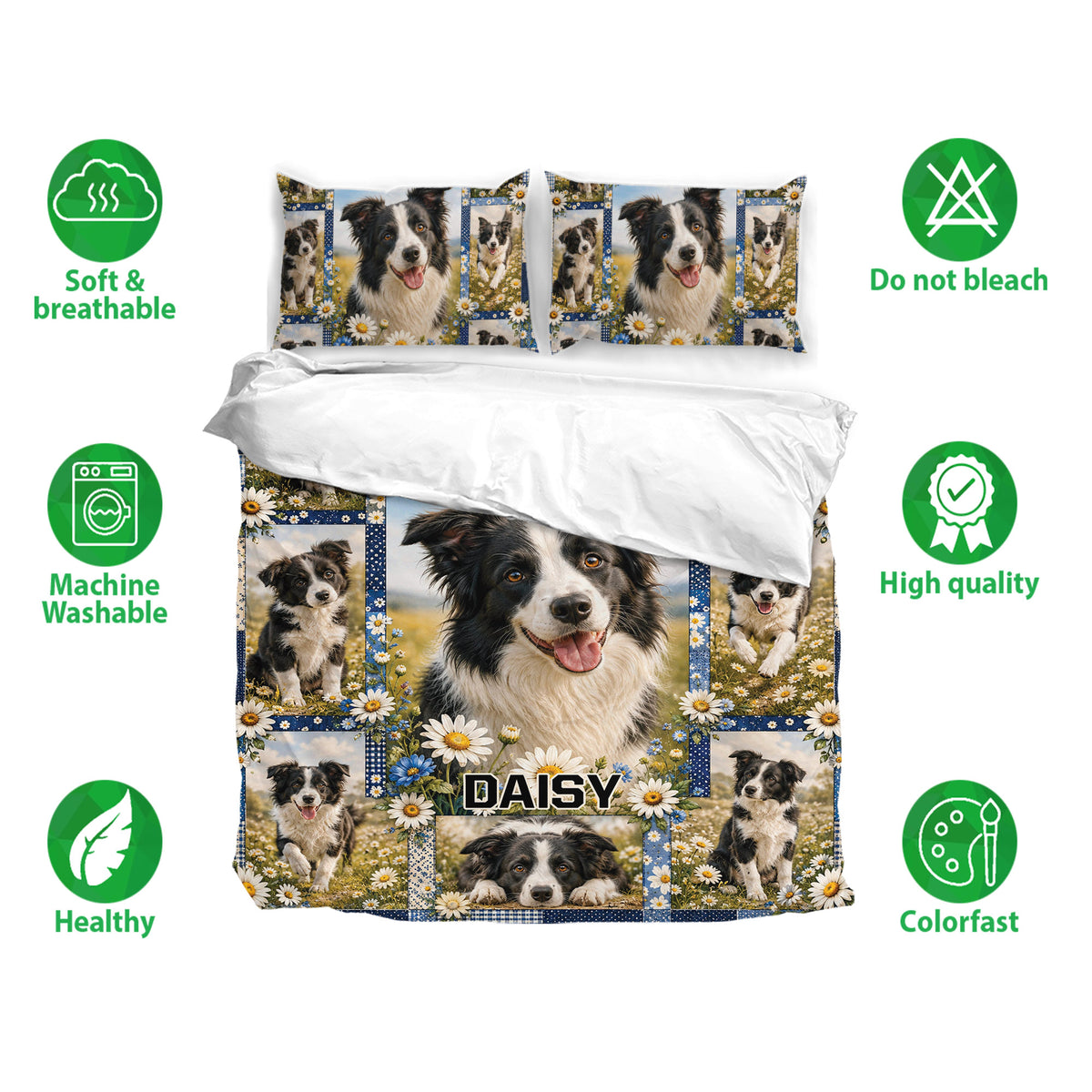 Border Collie bedding set with matching pillowcases, floral dog artwork, and soft breathable fabric icons