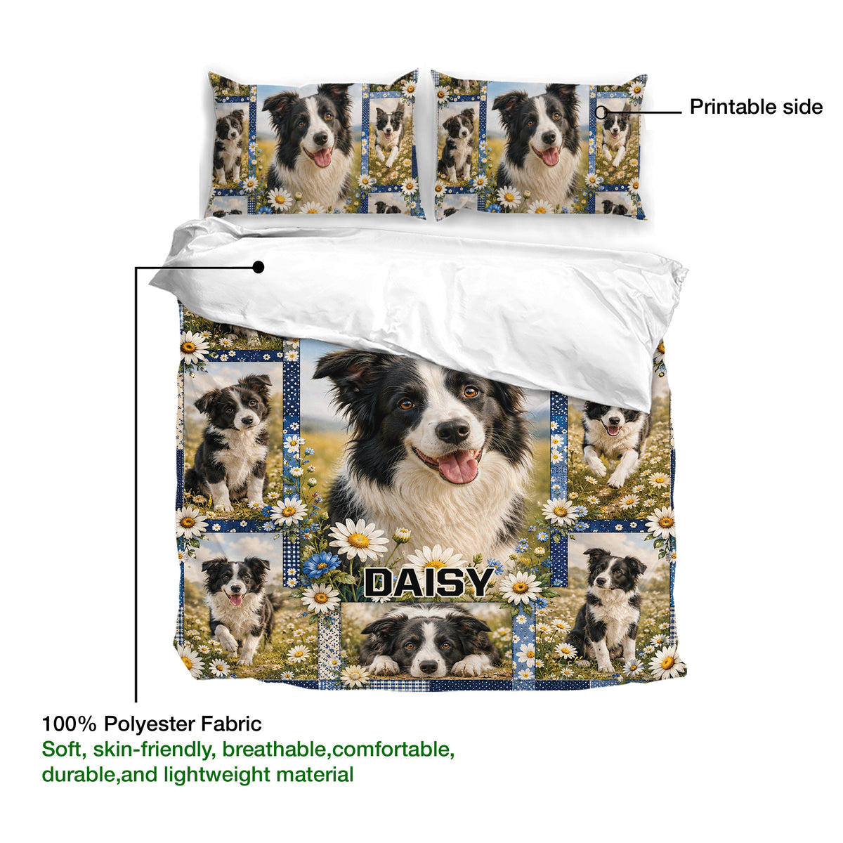 Border Collie duvet cover bedding set shown with printable artwork and a floral dog portrait design