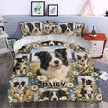 Border Collie duvet cover styled in a bright bedroom with blue floral accents and black and white dogs