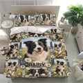 Border Collie bedding set presented in a modern bedroom with detailed dog portraits and daisy flowers