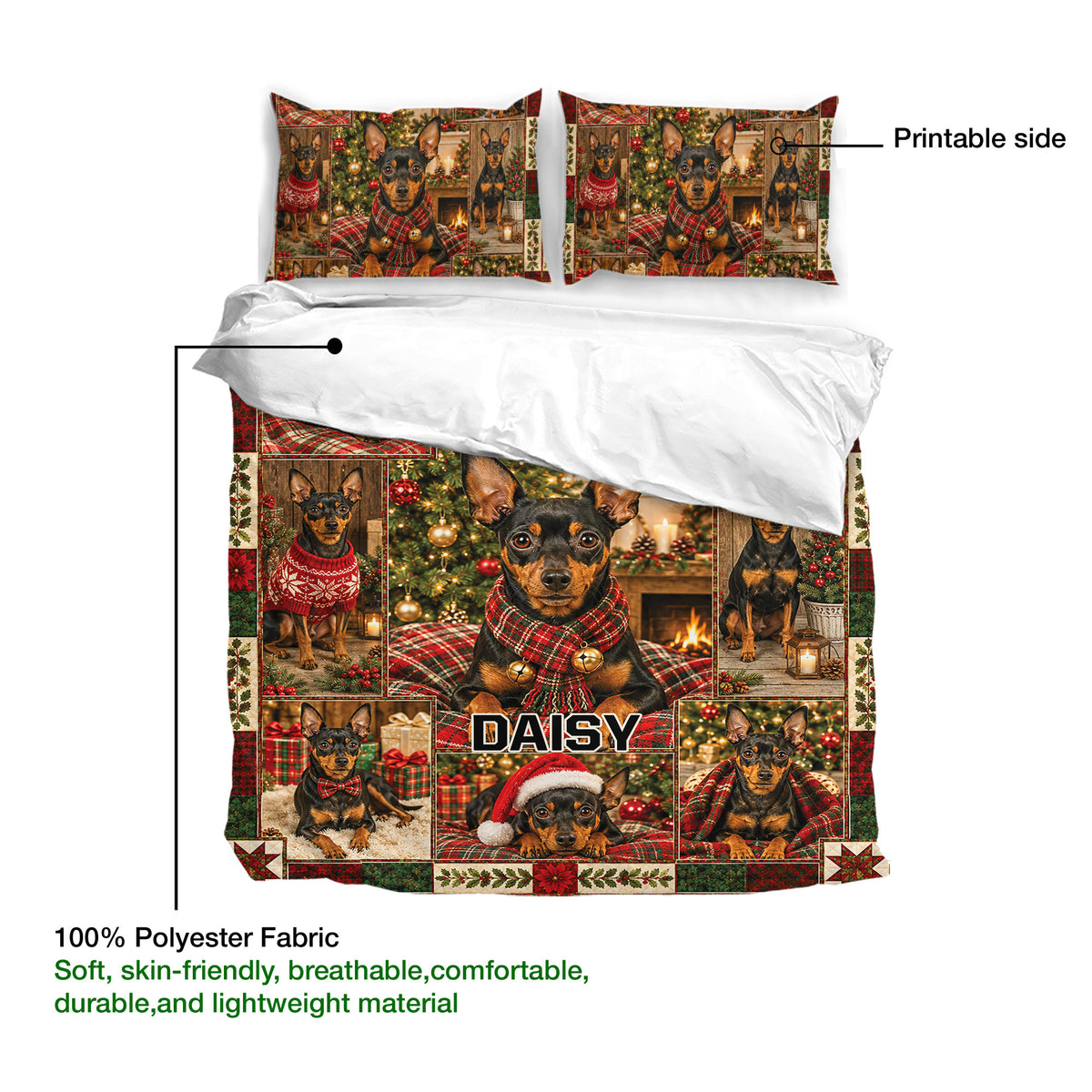Miniature Pinscher Christmas duvet cover set with printable outer fabric and lightweight polyester material