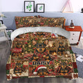 Festive Miniature Pinscher duvet cover styled in a bedroom with Christmas colors and dog artwork