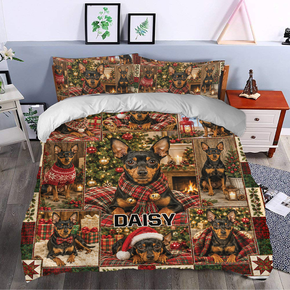 Festive Miniature Pinscher duvet cover styled in a bedroom with Christmas colors and dog artwork