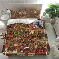 Miniature Pinscher Christmas bedding set displayed in a bright bedroom with matching decorative pillows