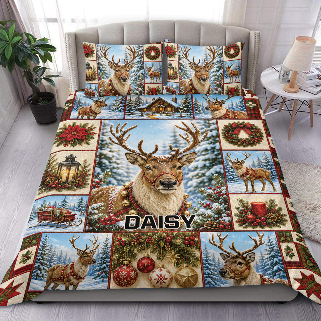 Deer duvet cover set displayed on a bed with snowy Christmas artwork, wreaths, poinsettias, and red accents
