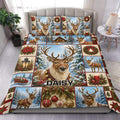 Deer duvet cover set displayed on a bed with snowy Christmas artwork, wreaths, poinsettias, and red accents