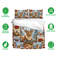 Deer bedding set shown with coordinating printed pillowcases and snowy Christmas woodland artwork