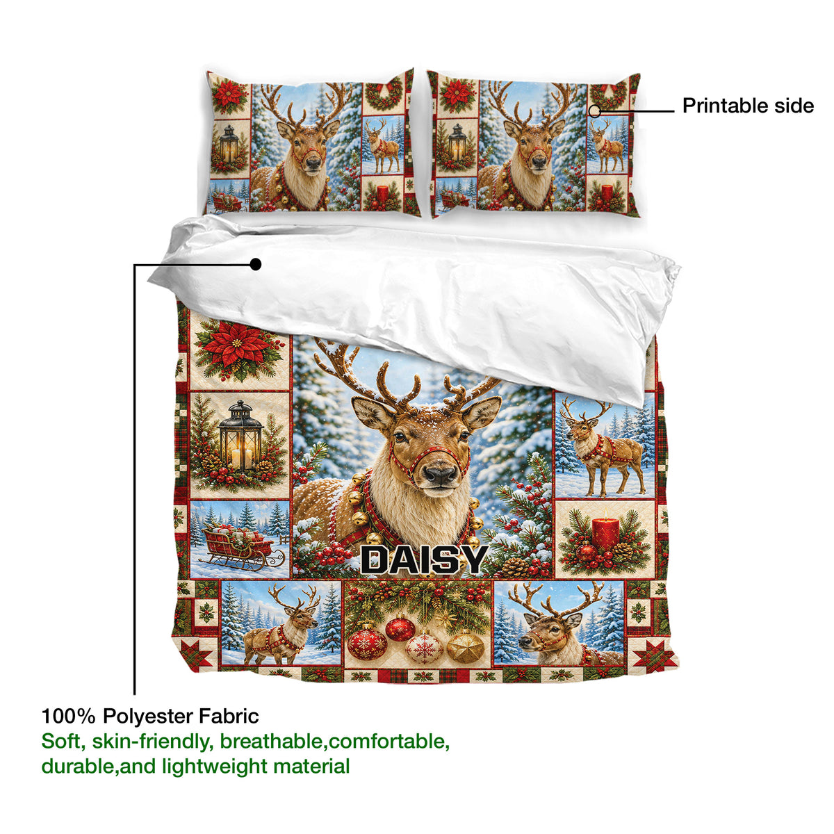 Deer duvet cover bedding set showing the printable artwork, soft polyester fabric, and festive winter design