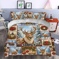 Deer duvet cover set styled in a bedroom with a snowy woodland scene, wreaths, lanterns, and poinsettias