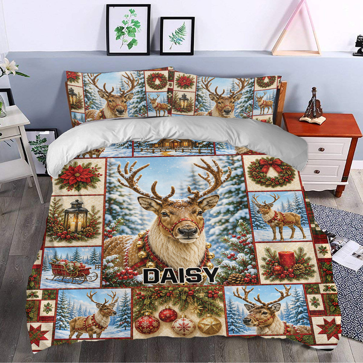 Deer duvet cover set styled in a bedroom with a snowy woodland scene, wreaths, lanterns, and poinsettias