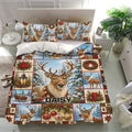 Christmas deer bedding set displayed in a bright bedroom with matching printed pillowcases and festive winter artwork