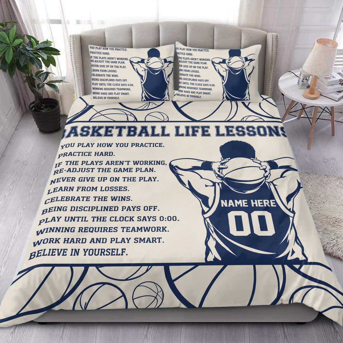 Basketball duvet cover set in navy and cream with player artwork, basketball details, and motivational bedroom design