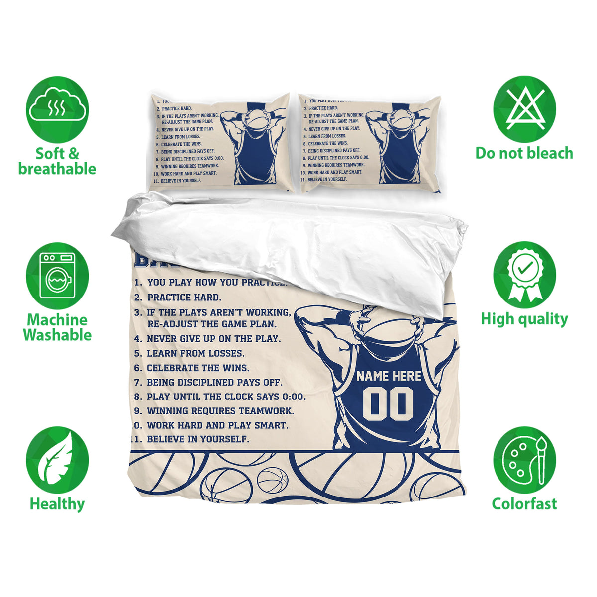 Basketball bedding set displayed with matching pillowcases, motivational artwork, and soft breathable fabric features