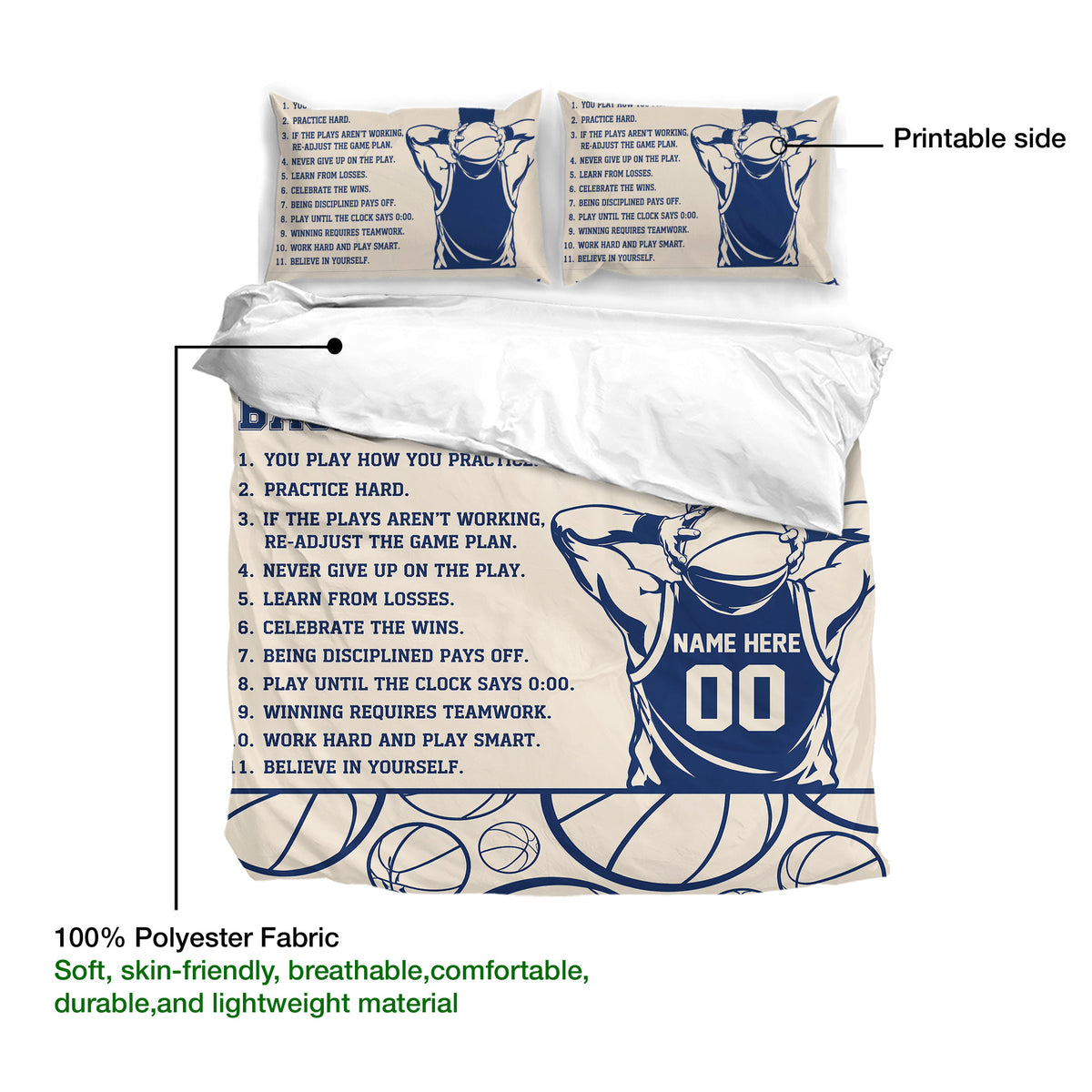 Basketball duvet cover set showing a printable design, navy player artwork, basketball pattern, and lightweight polyester fabric
